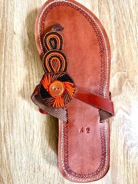 Women's Brown Leather Beaded Toe-Loop Sandal with Orange Accent